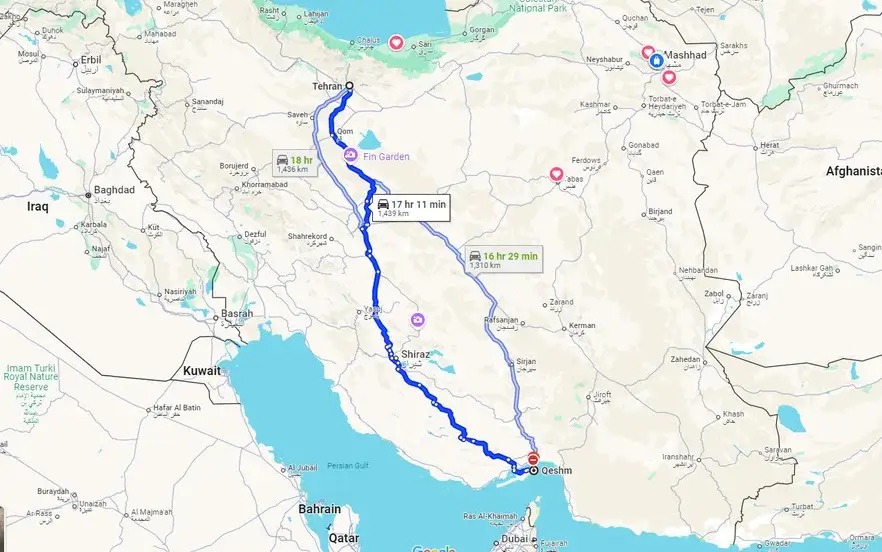 مسیر زمینی تهران به قشم با ماشین شخصی