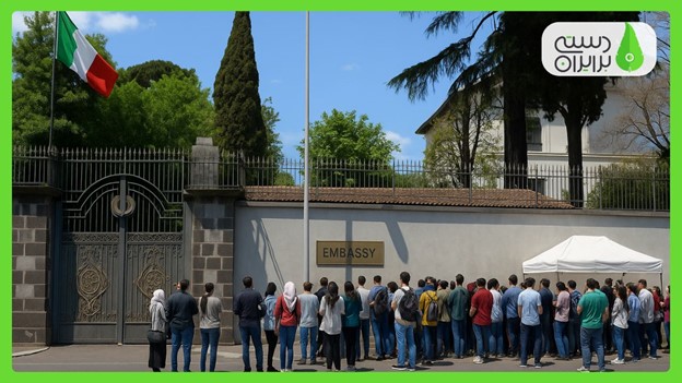 متقاضیان ویزا منتظر در سفارت ایتالیا